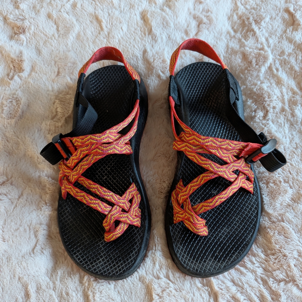 Chaco Orange and Black Sandals. Adjustable Straps.